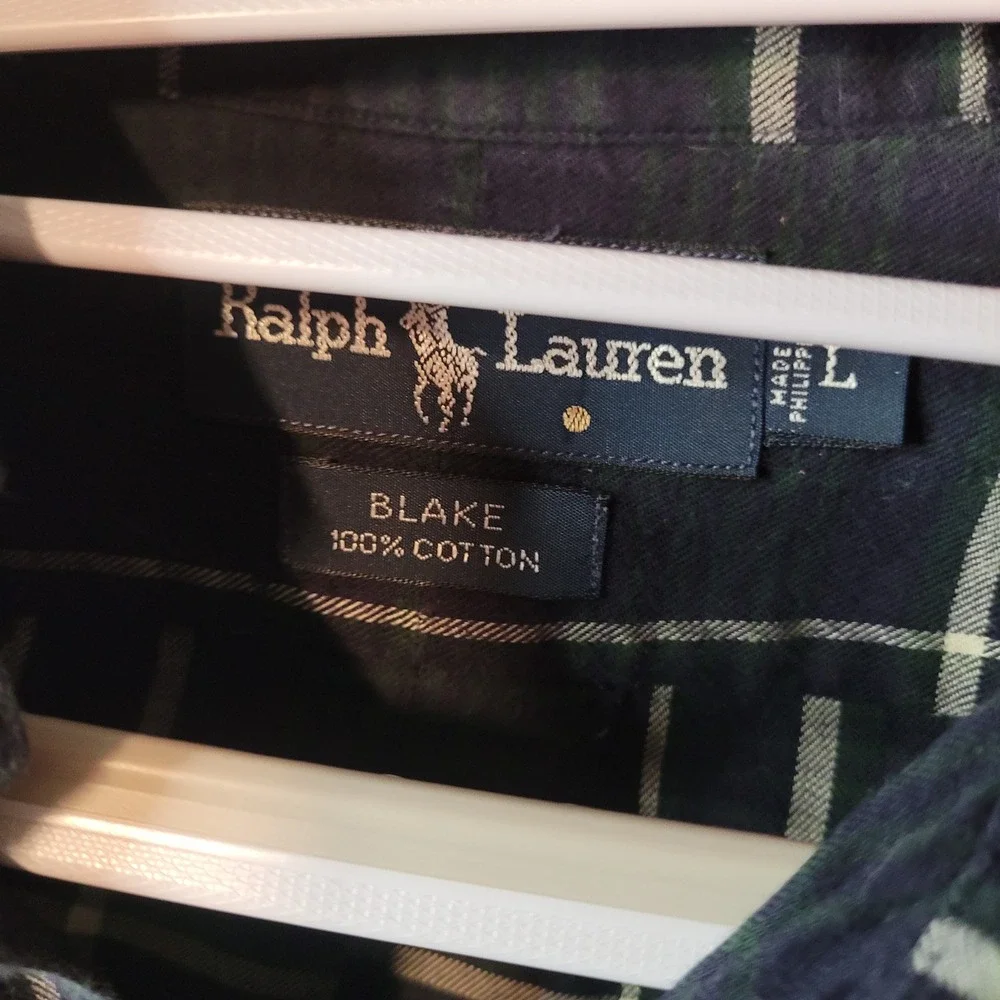 Ralph Lauren Blake Mens Large Navy Green Plaid Cotton Button Down Shirt L‎